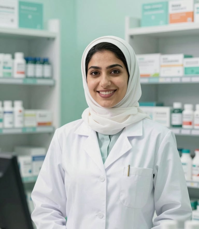 A professional Saudi female pharmacist in a clean, modern pharmacy setting smiling warmly, bright natural daylight, soft mint green accents, high-end editorial style
