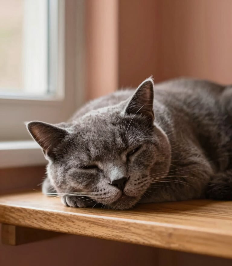 A sleek grey cat sleeping peacefully on a warm wooden shelf, soft daylight illuminating its whiskers, shallow depth of field, 35mm