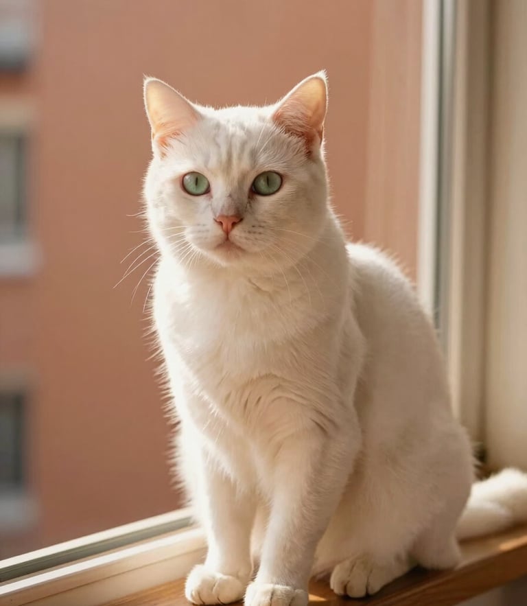 A beautiful white cat with soft green eyes sitting proudly on a sunlit wooden balcony, warm terracotta background, soft golden-hour window light, 35mm