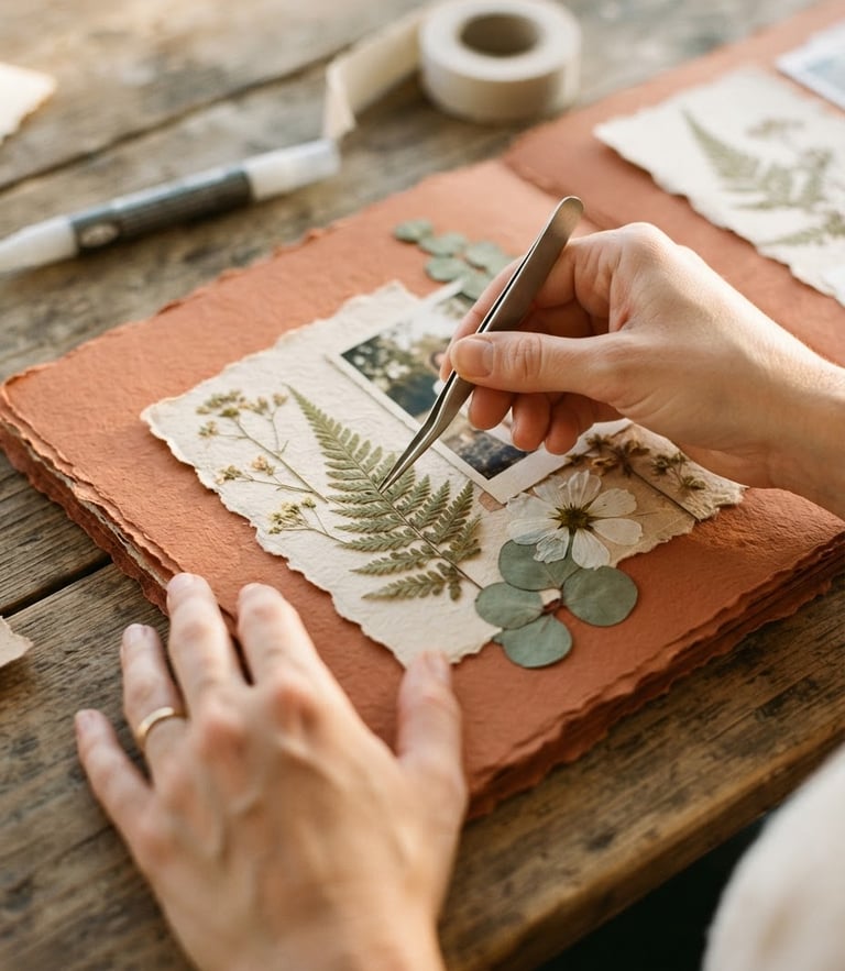 Close-up of hands carefully assembling a scrapbook page with textured terracotta paper, dried botanicals, and delicate hand-torn edges, soft afternoon light
