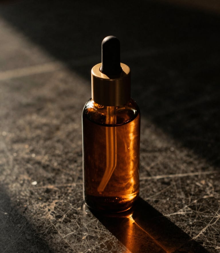 A close-up of a premium amber glass skincare bottle on a dark textured marble surface, warm golden-hour light casting long shadows, cinematic, 35mm.
