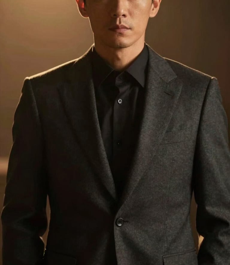 Low-key dramatic portrait of a sharp-jawed man in a tailored charcoal suit, warm amber backlighting, shallow depth of field, 35mm