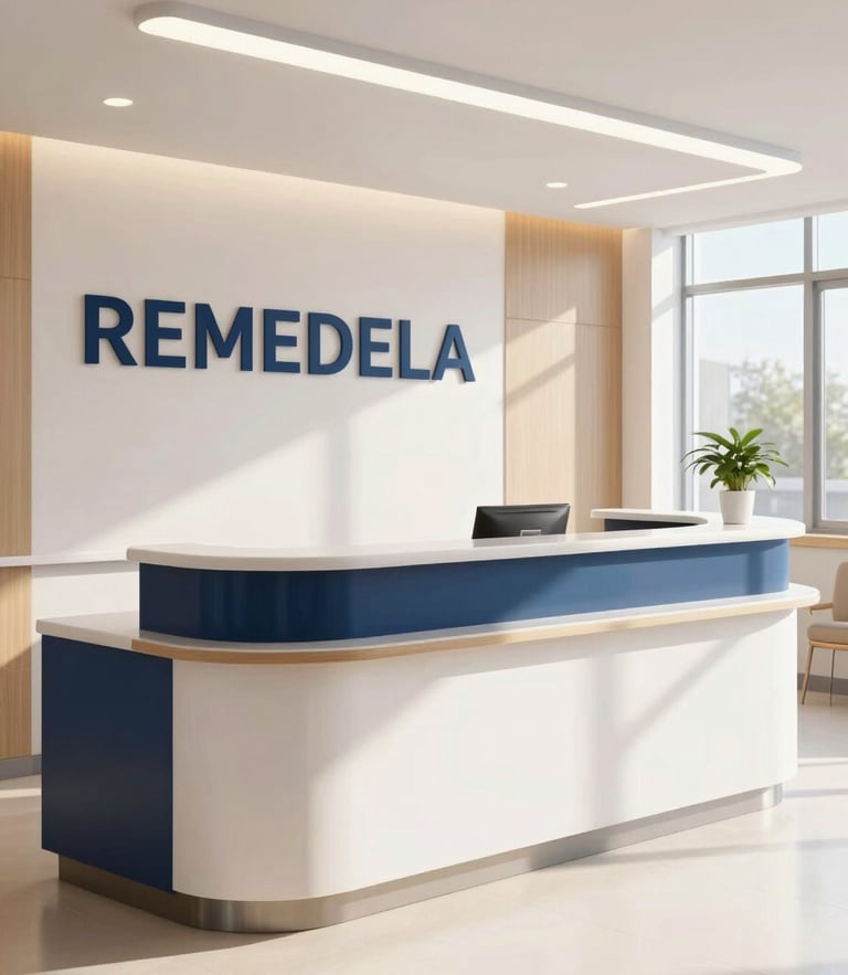 Bright clinical photography of REMEDELA hospital's main reception desk, clean polished floors, warm natural light, professional navy and white accents.