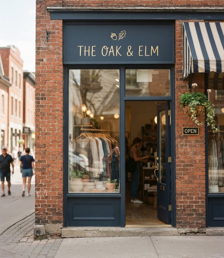A warm, daylight-filled shot of a local Ottawa boutique storefront with brick framing, soft shadows, elegant gold lettering on the window, portrait orientation.