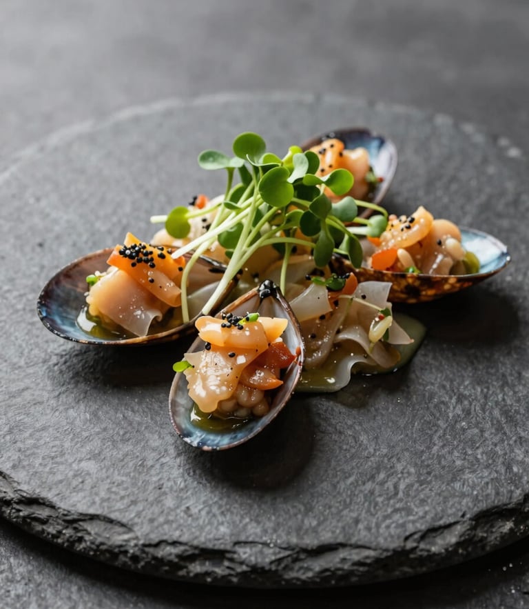Artistic presentation of a modern seafood dish on a custom dark stone plate, micro-greens, natural side lighting, editorial food photography.