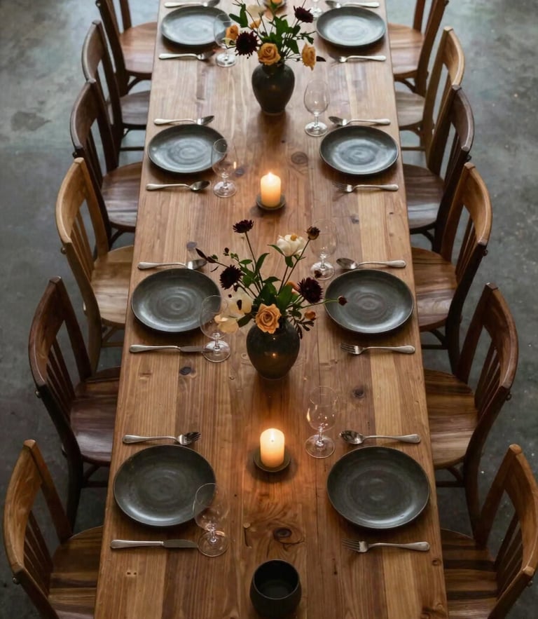 Top-down view of a long banquet table, custom oak chairs, dark ceramic plates, minimalist floral arrangements, warm candle light.
