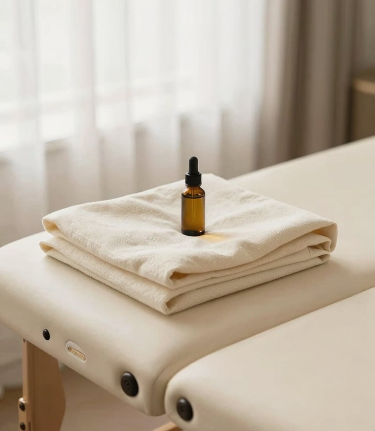 A portable massage table neatly set up in a serene room with crisp folded cream linens and a small bottle of oil, soft diffused window light