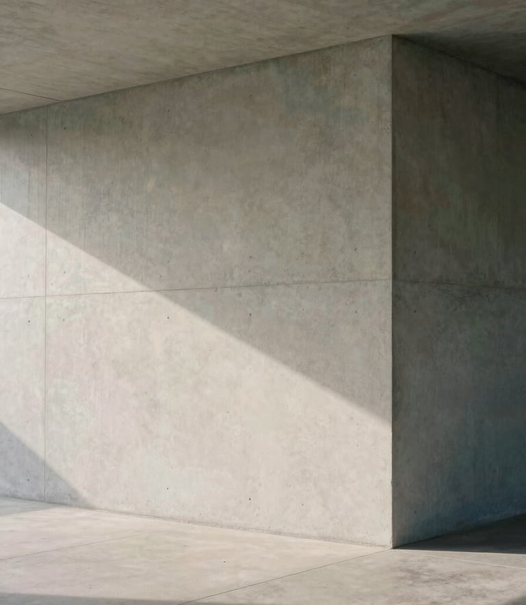 Soft diffused daylight hitting a minimalist concrete architectural corner, expansive negative space, calm tones, editorial framing
