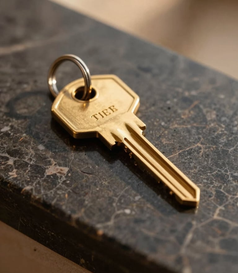 Macro close-up of a luxury hotel golden key on a dark marble counter, soft golden-hour Riviera light, rich gold and dark tones