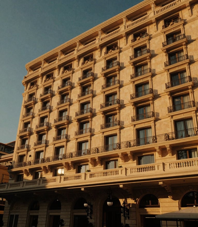 A wide-angle cinematic shot of a luxury hotel facade in Monaco at golden hour, warm ambient light, deep shadows, rich gold tones, 35mm lens.
