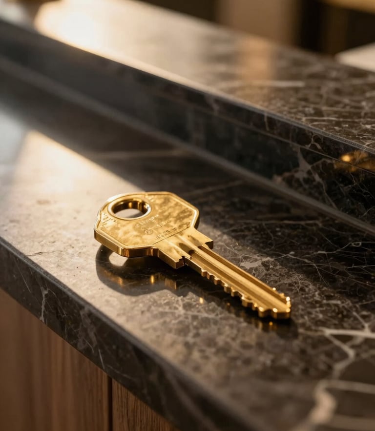 Macro close-up of a golden room key on a dark marble reception desk, soft golden-hour light, reflections, elegant luxury atmosphere