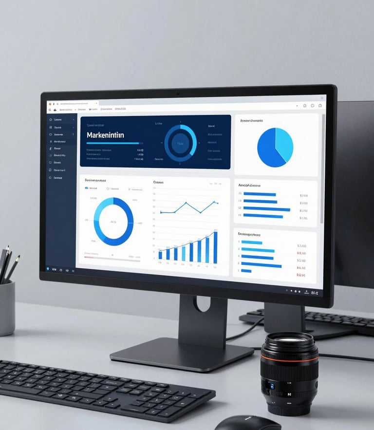 Clean tech workspace in Arizona, modern monitor displaying marketing analytics dashboards, soft tech-blue ambient glow, sharp focus, 35mm lens