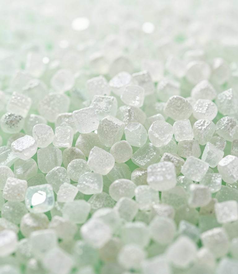 Macro photograph of highly pure, white crystalline fertilizer granules reflecting clinical studio light, sharp focus, technical agricultural aesthetic.