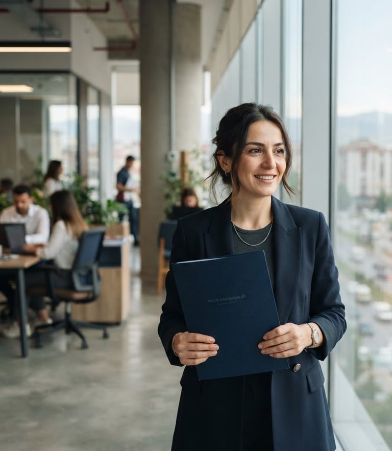 A bright professional modern office in Aksaray with a consultant holding a folder, soft natural daylight, deep navy tones, shallow depth of field, 35mm lens