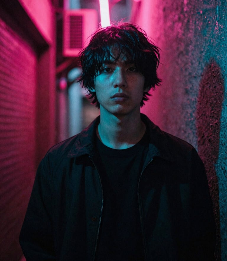 Low-key high-contrast portrait of a person in a cyberpunk neon-drenched alley, dramatic pink and cyan backlighting, deep shadows, 35mm film grain
