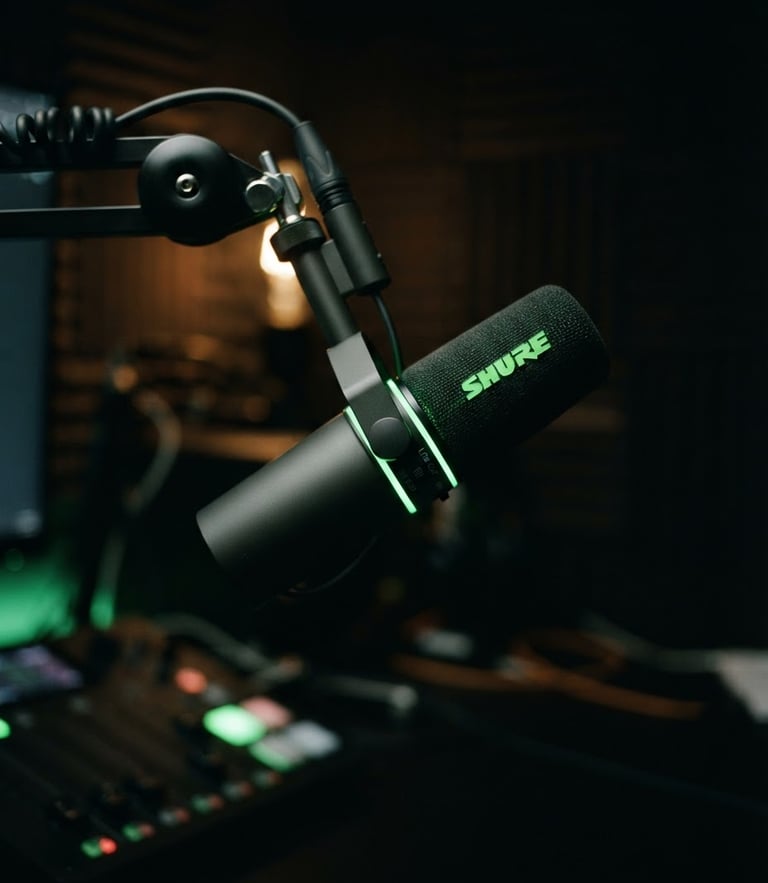 Moody studio photography of a professional podcasting setup, dynamic close-up of a high-end broadcast microphone under dramatic low-key lighting with sharp electric neon green accents, shallow depth of field, 35mm