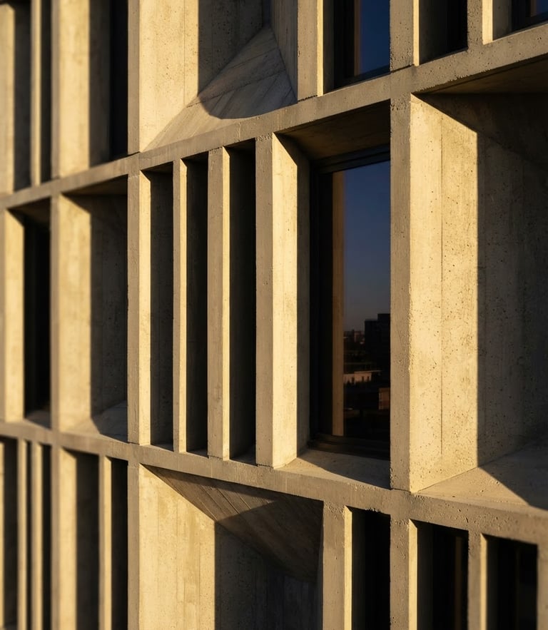 Tight abstract architectural detail of a modern concrete building facade, crisp morning sunlight casting sharp geometric shadows, warm gold undertones.