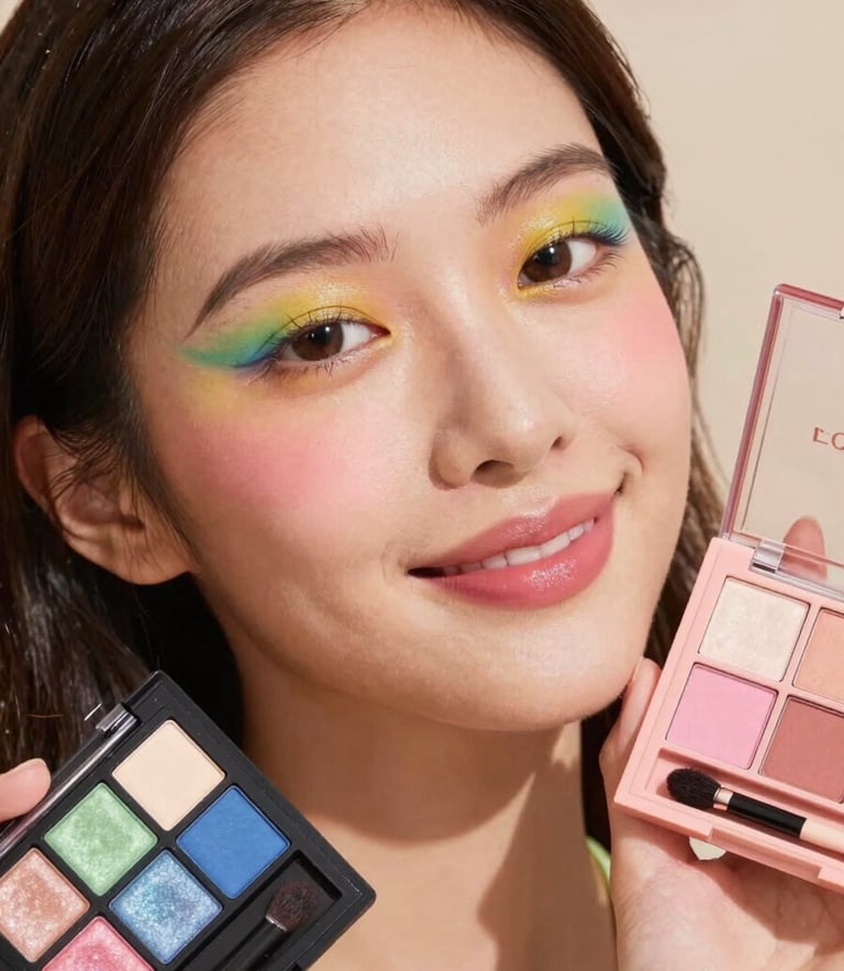 Primer plano de una mujer sonriente con maquillaje colorido y fresco, sosteniendo una paleta de sombras de ojos brillante, luz natural cálida