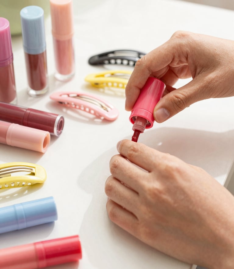 Close-up of friendly hands arranging colorful liquid lipsticks and pastel hair clips on a bright white counter, warm natural sunlight, shallow depth of field