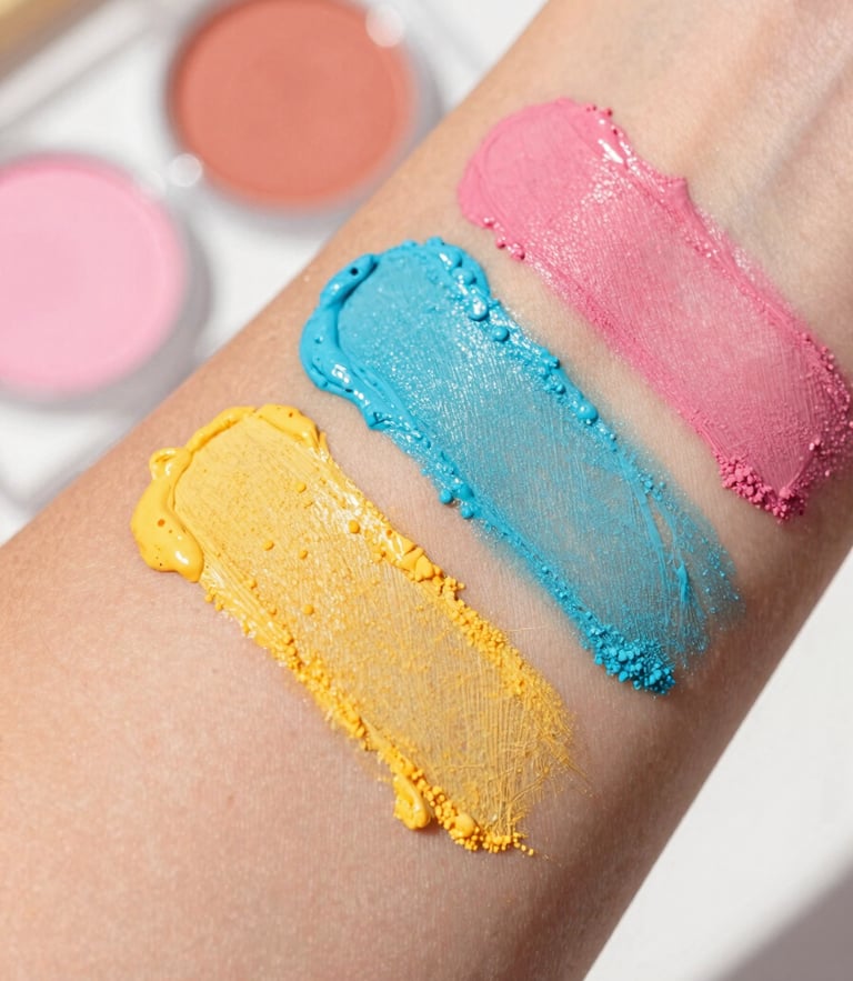 Vibrant close-up of colorful makeup swatches on warm skin tones under bright natural daylight, shallow depth of field