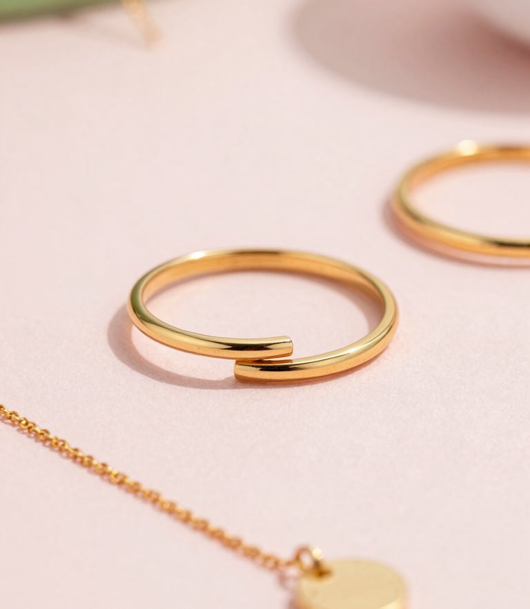 Close-up of elegant gold-plated rings and minimalist necklaces on a soft pastel background, warm natural sunlight, shallow depth of field