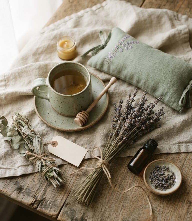 Overhead flat-lay of a self-care package with dried lavender sprigs, a ceramic mug, and a linen eye pillow, soft morning window light, muted sage tones, shallow depth of field.