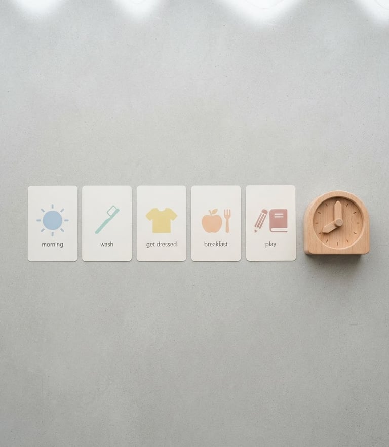 Overhead flat-lay of printed daily routine cards with simple icons, next to a clean wooden toy on a light gray surface, soft natural daylight, minimalist composition