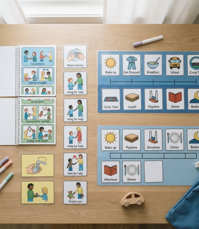 Overhead flat-lay of printed clinical social stories and structured visual schedule cards on a clean light wood table, soft natural daylight, minimalist aesthetic