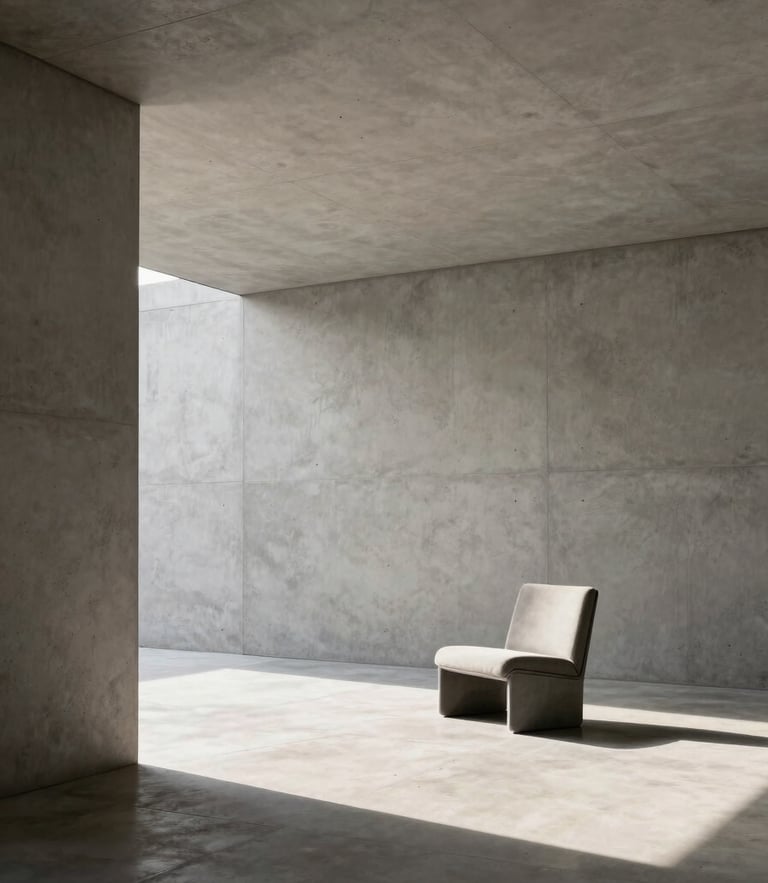 A sunlit, minimalist architectural interior with concrete walls, high ceilings, and a single piece of modernist furniture, captured in sharp focus with dramatic side-lighting.