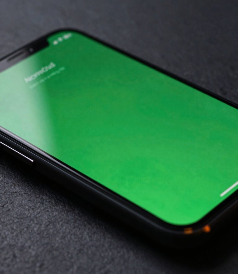 Extreme close-up macro shot of a physical Android phone screen showing a fluid, zero-jank UI transition with vibrant green accents. Moody, low-key studio lighting with sharp, colored rim lights reflecting off the glass screen, dark slate background.