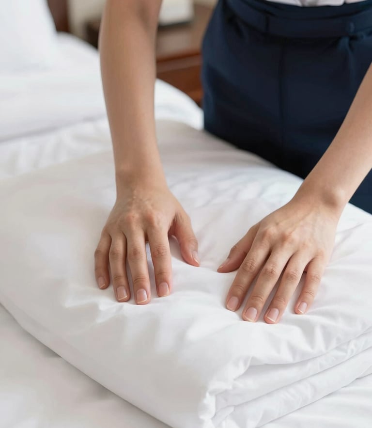 Medium close-up of precise hands in clean uniform smoothing crisp white linens on a hotel bed, bright daylight, 35mm lens