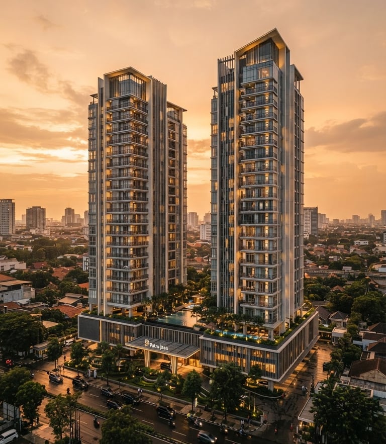 Warm golden hour architectural shot of a modern Jakarta high-rise apartment building developed by Patra Jasa, clean lines, professional editorial photography, medium format