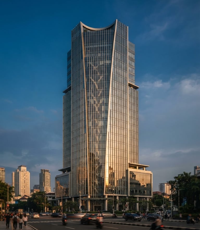Warm golden hour architectural shot of the Patra Jasa headquarters building in Jakarta, clean lines, professional editorial composition, medium format