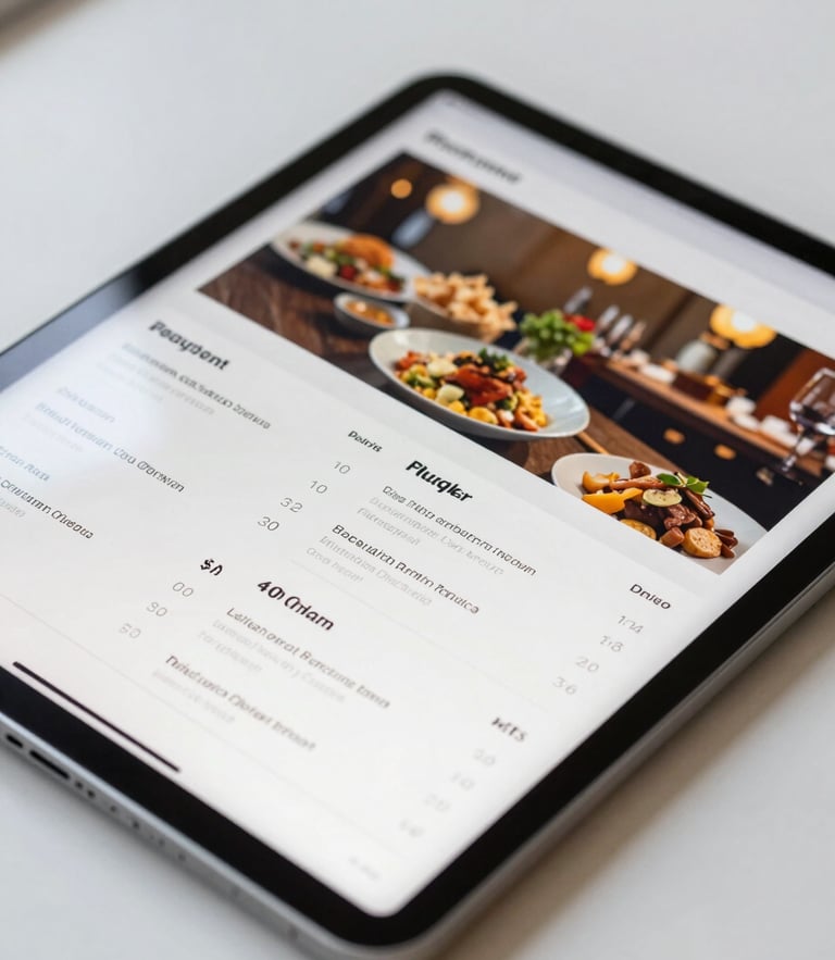 Angled close-up of a modern tablet displaying a highly detailed restaurant digital menu UI, soft daylight reflecting on the screen, active clean workspace background