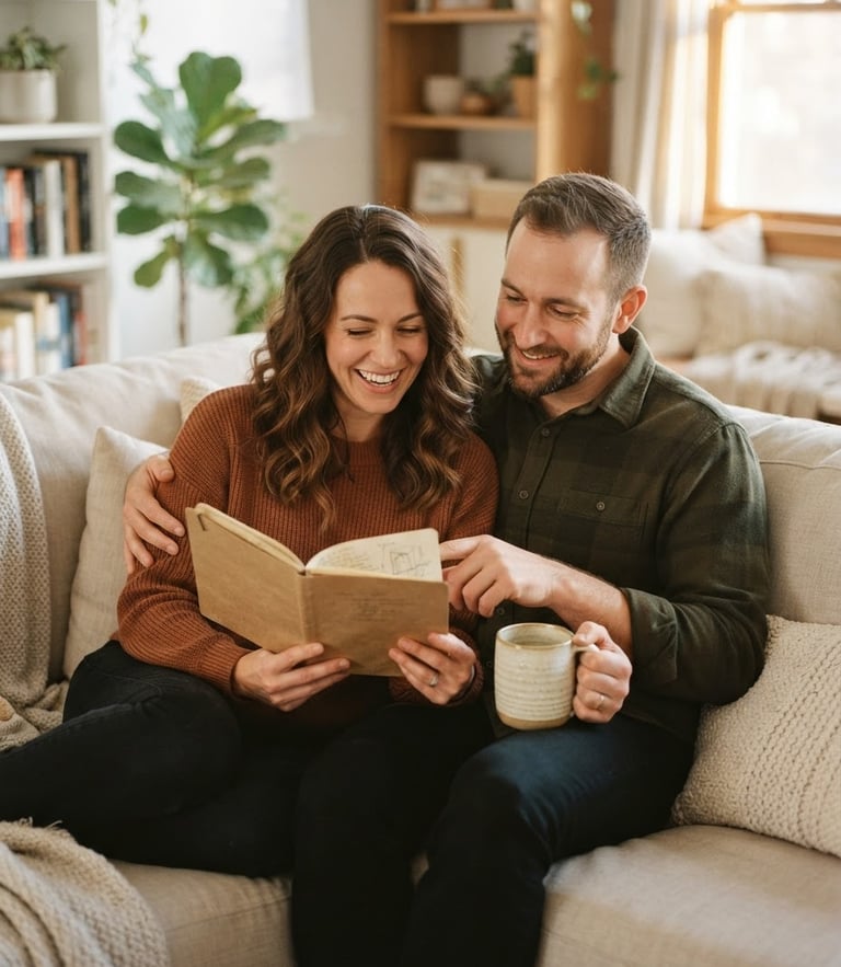 A real couple sitting together on a soft beige sofa, sharing a warm cup of coffee, smiling and looking over a simple notebook, warm afternoon light, shallow depth of field, 35mm