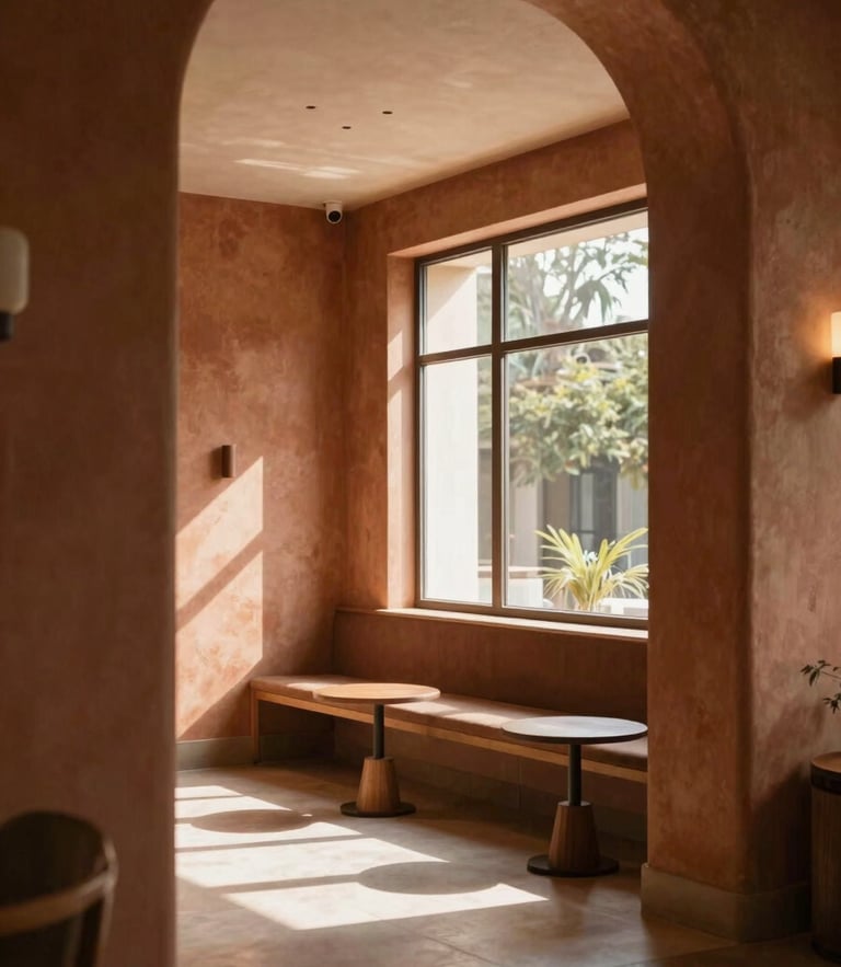 Sunlit modern boutique hotel lobby, warm terracotta accents, architectural framing, soft morning light, 35mm