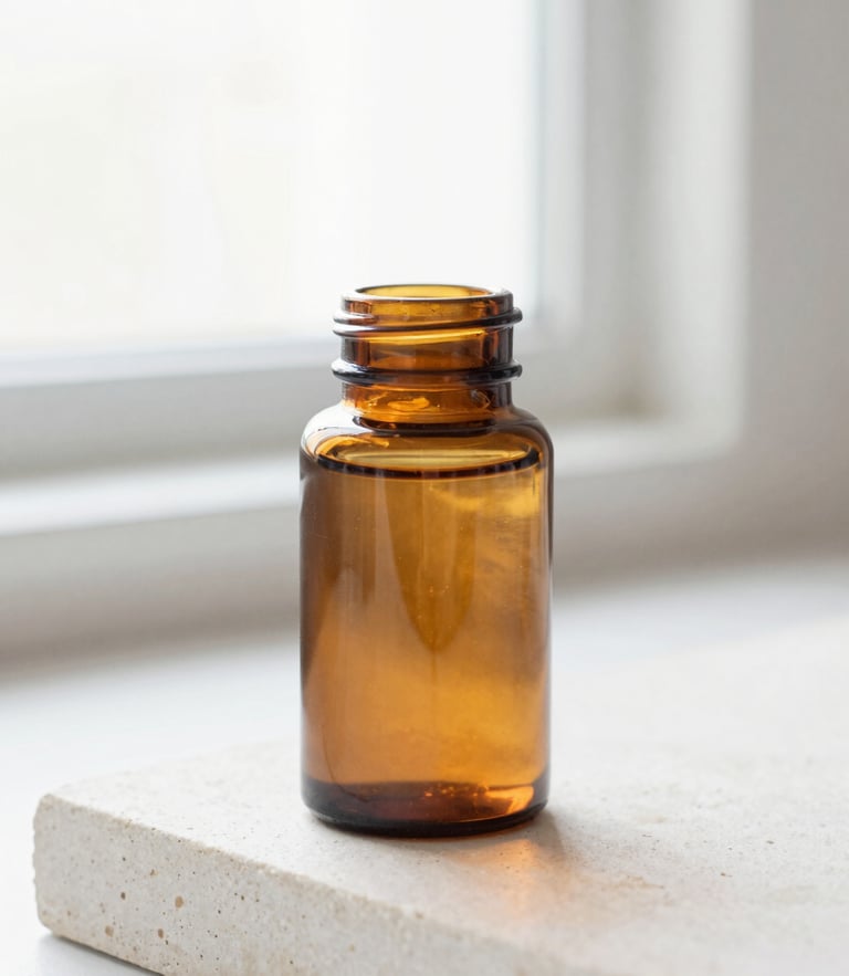 Bright high-key product photography of a clean amber vitamin bottle on a neutral white stone surface, soft natural window light, 50mm