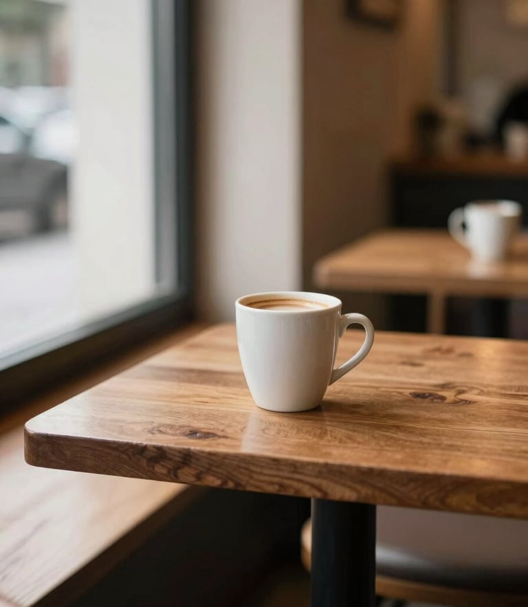 Warm editorial cafe interior photography, soft side window light hitting wooden tables, rich coffee tones, shallow depth of field, 35mm