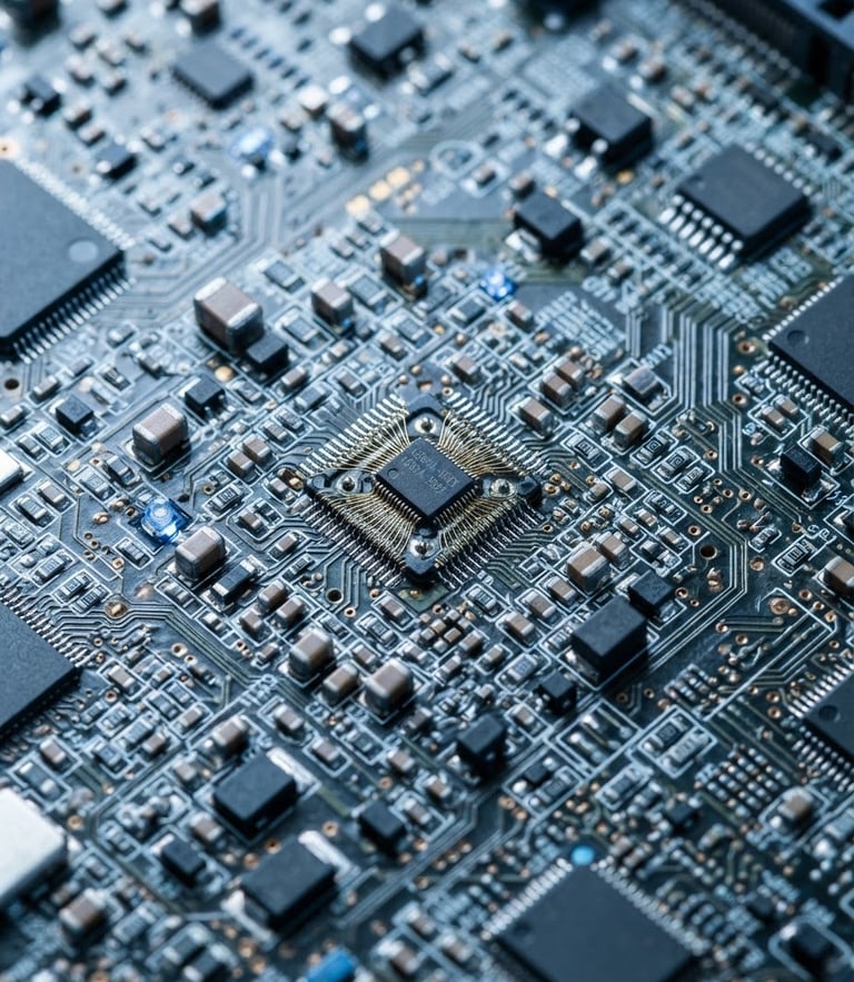 Close-up of internal circuitry with high-precision microchips, cool blue studio lighting, macro lens, hyper-detailed depth of field
