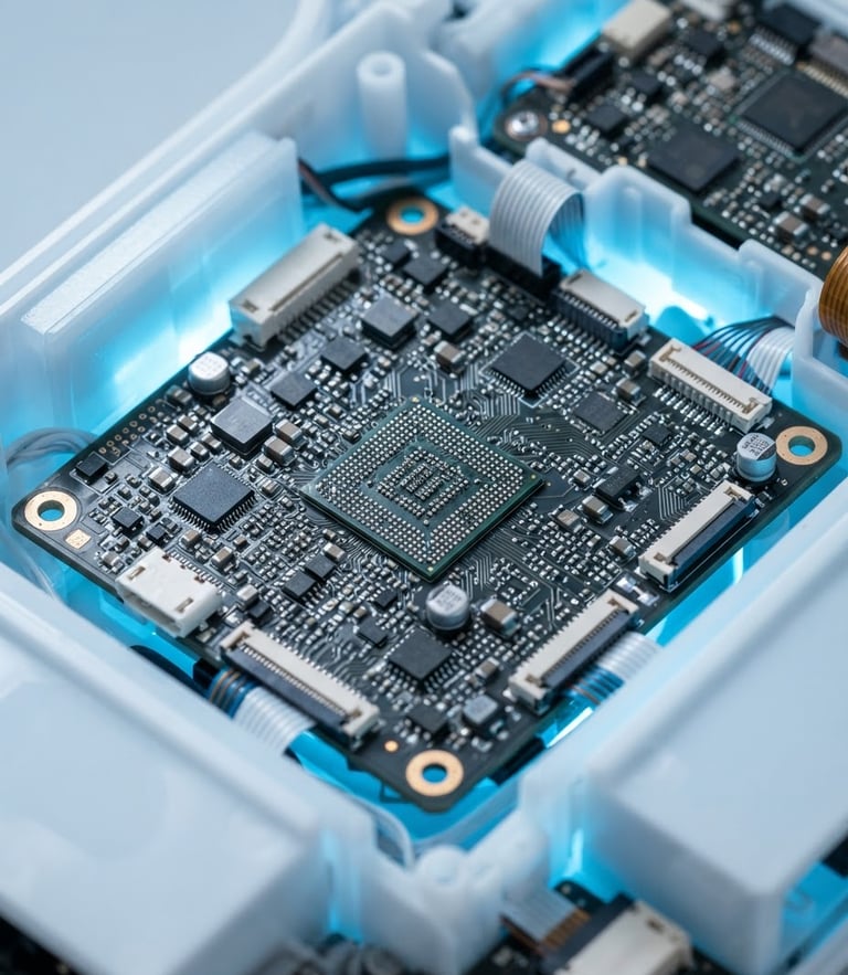 Macro shot of high-precision internal circuitry with clean white housings, cool blue backlighting, sharp focus on microchips, technical studio lighting.