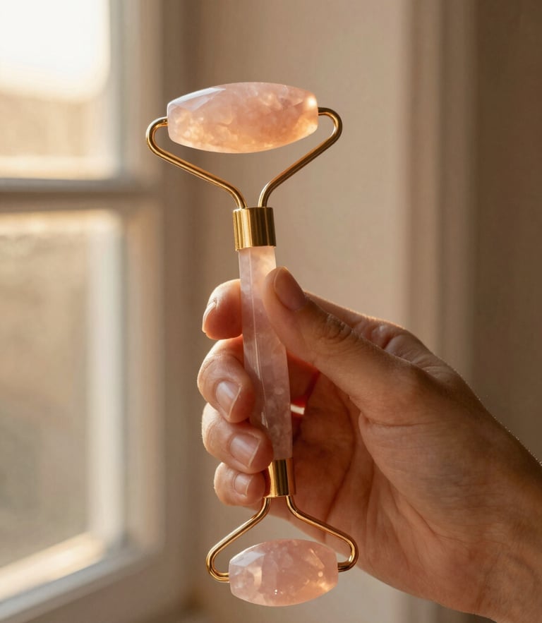 Close-up of a hand holding a polished rose quartz face roller, warm golden-hour window light, soft linen background, 35mm photography