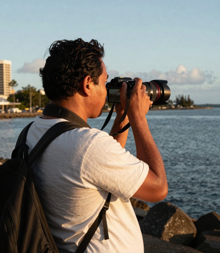 A professional Samoan photojournalist holding a camera, looking out over Apia harbor at golden hour, 35mm documentary style, authentic atmosphere.