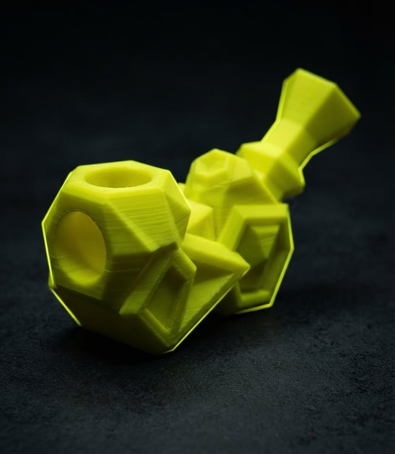 Macro shot of a neon yellow 3D printed geometric pipe on a matte black surface, sharp yellow rim lighting, high contrast