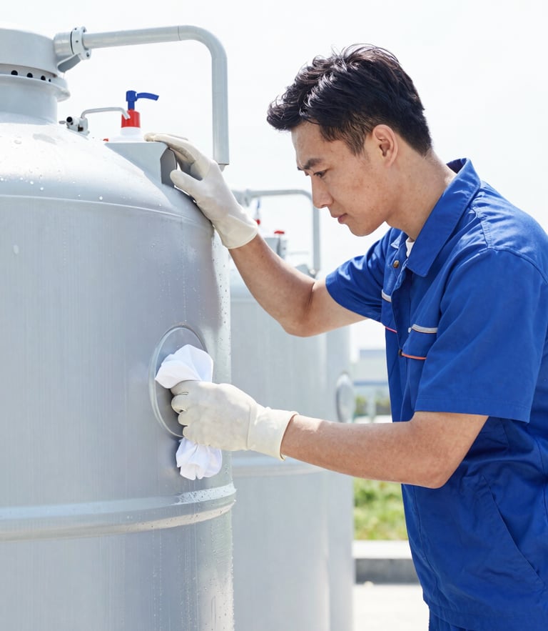 Bright clean commercial photography of a professional technician in a clean uniform inspecting a sparkling clean water tank under bright daylight