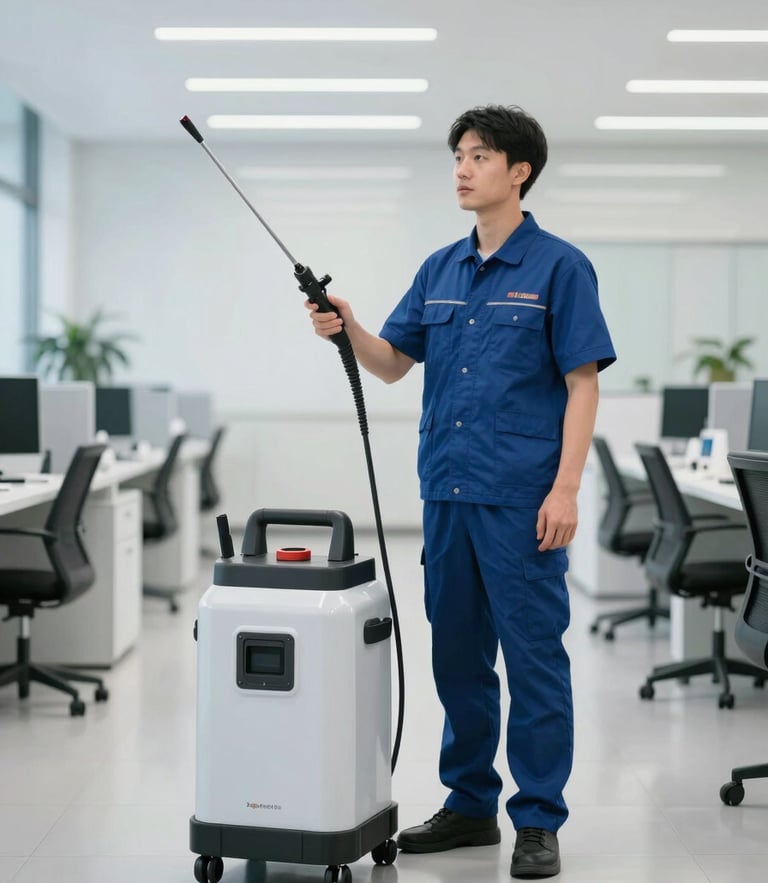 A professional technician in clean uniform operating an advanced electrostatic sprayer in a bright, modern corporate lobby, cool crisp lighting, 35mm lens