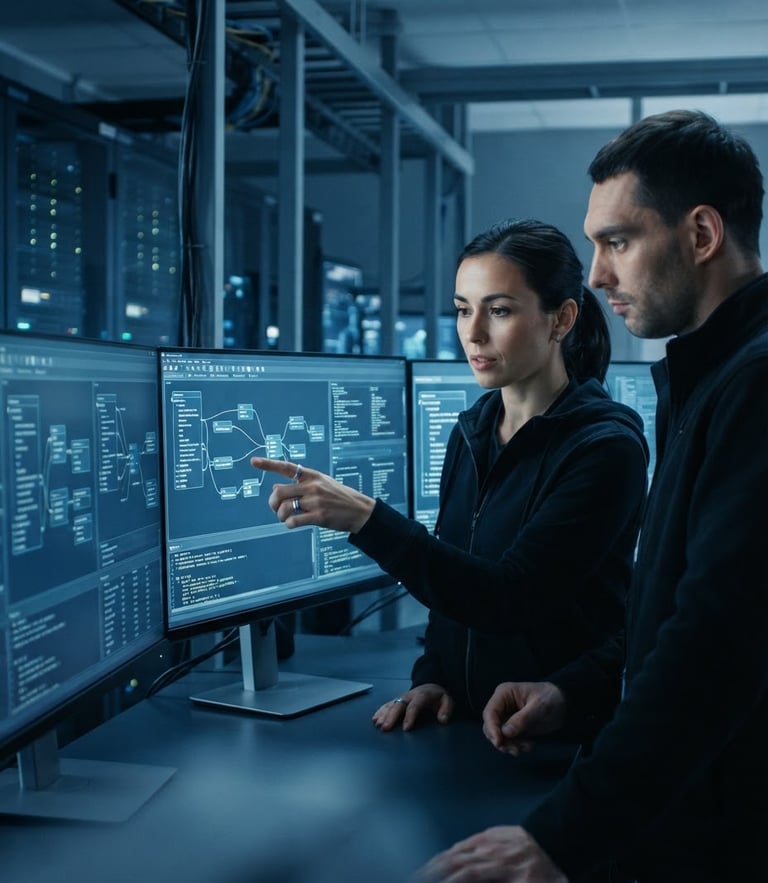 Close-up of enterprise developers analyzing complex data schemas on high-resolution screens in a cool-toned architectural server room, 35mm lens