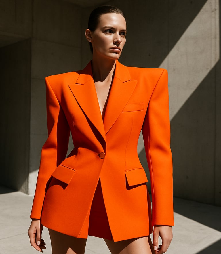 High-fashion editorial model wearing a structured, avant-garde orange blazer, standing in the minimalist concrete Miami atelier, sharp tropical sunlight casting dramatic long shadows, 35mm lens.