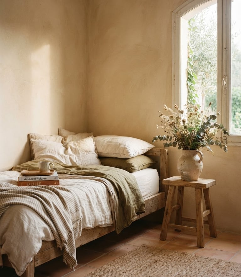 Medium shot of a sun-drenched bedroom, a linen-draped daybed next to a hand-molded clay vase on a raw wooden stool, warm plaster wall, soft morning light, 35mm