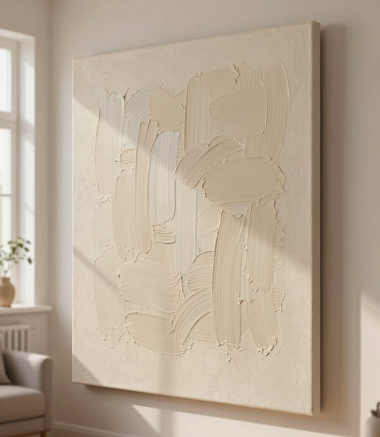 Detailed acrylic brushstrokes on a textured canvas, hanging in a bright, sunlit minimalist Spanish living room, warm editorial photography, soft natural daylight, 35mm