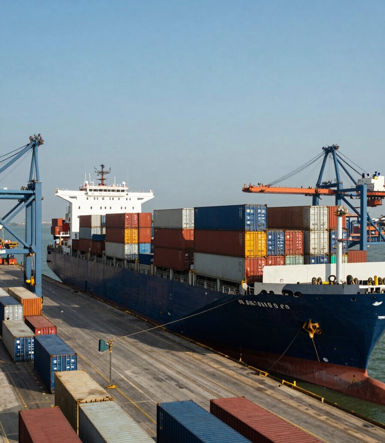 Wide-angle industrial landscape of shipping containers being loaded onto a cargo vessel at Mumbai port, harsh natural sunlight, high-contrast shadows.